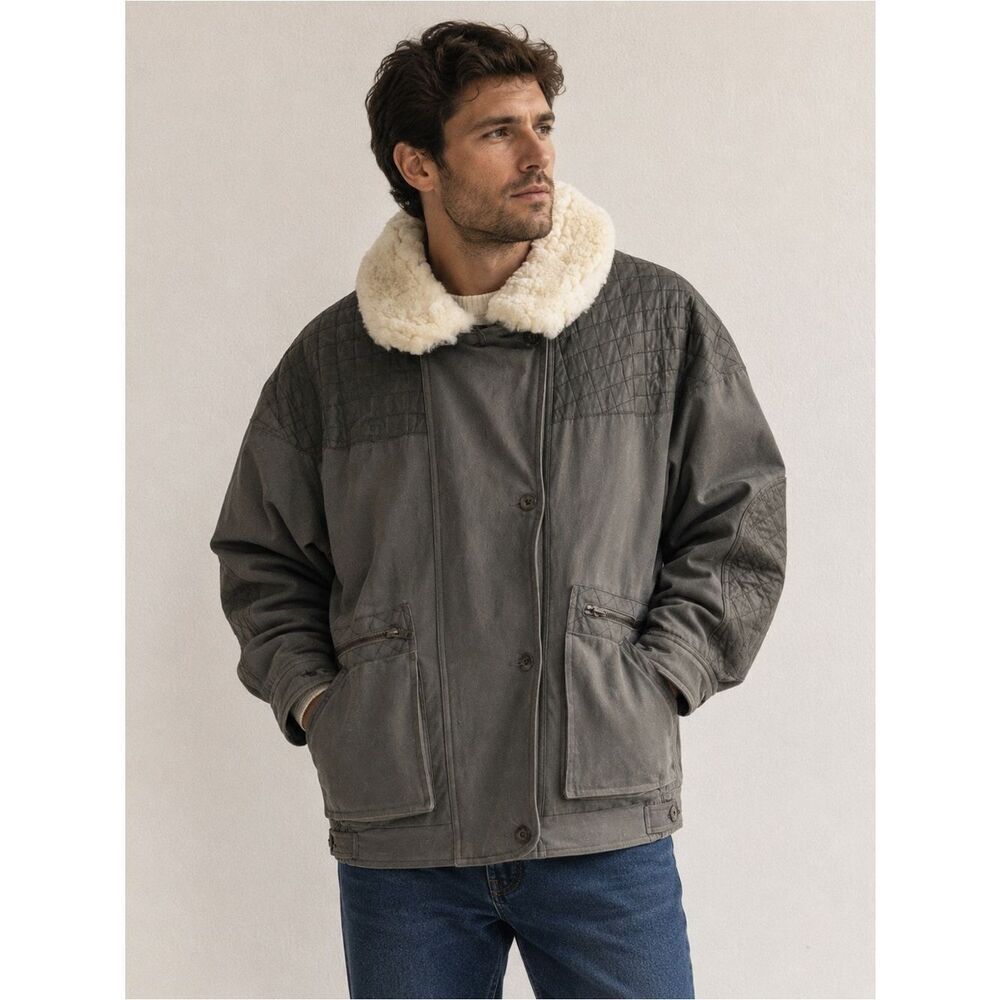 Vintage Eddie Bauer Goose Down Green Quilted Sherpa Shearling Trucker Jacket